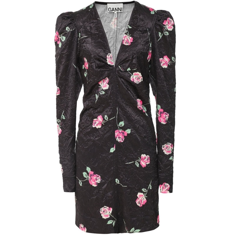 Ganni Crinkled Satin Mini Dress Women 34 Black Floral Puff Sleeve V-Neck
